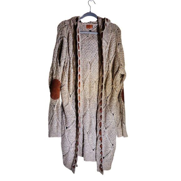 Pol M Cozy Cable Knit Hooded Long Cardigan Duster With Elbow Patches - Picture 2 of 10